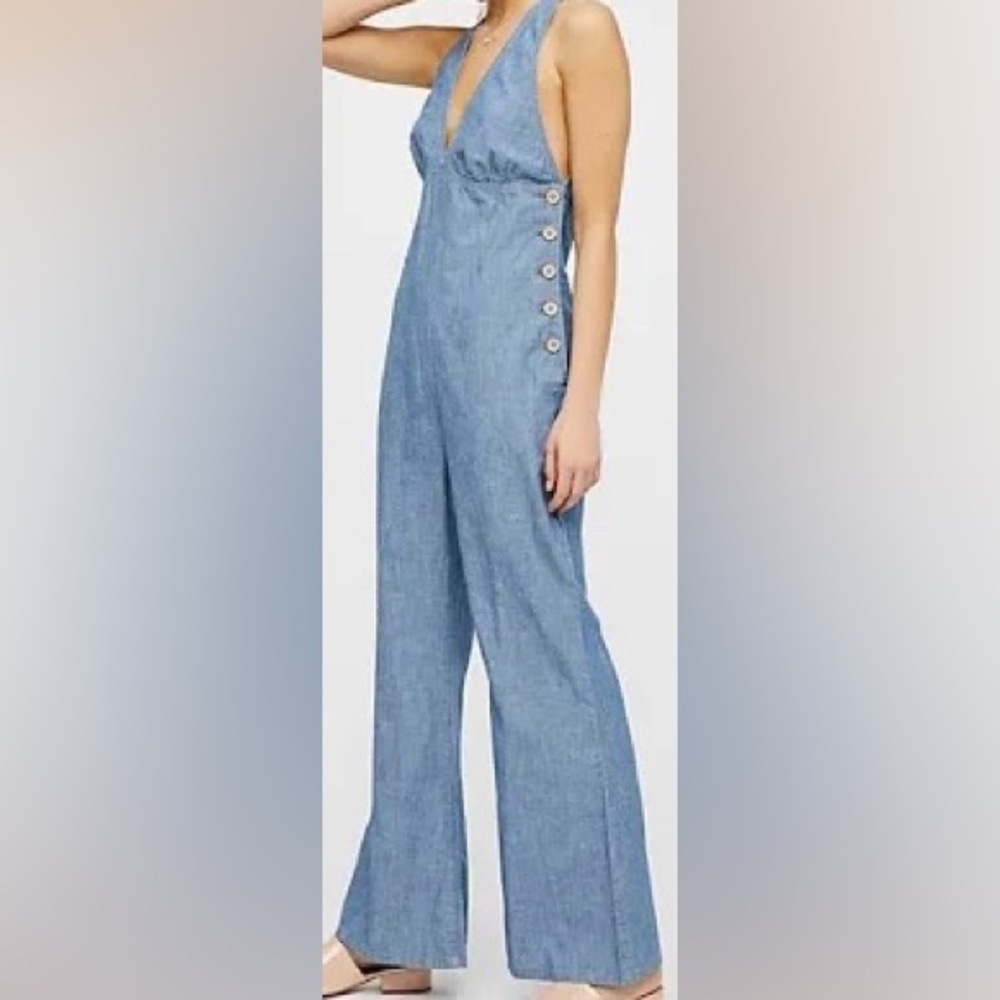 Free people Dance all night chambray flared leg Jumpsuit